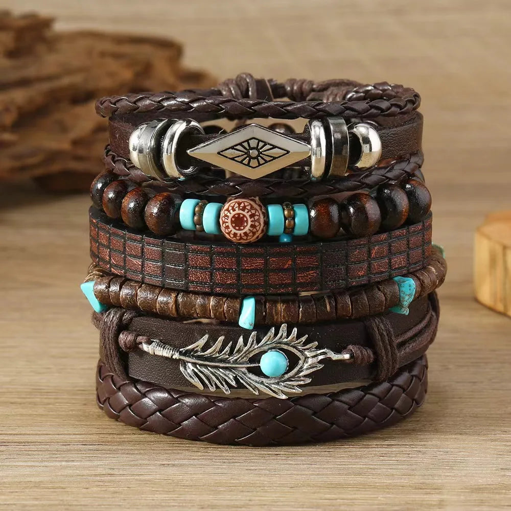 Vintage Feather Casual 6 Pc/set Tree Handmade Men Bracelets Male Women Leather Bracelets Men Bangle Wholesale Jewelry Gift