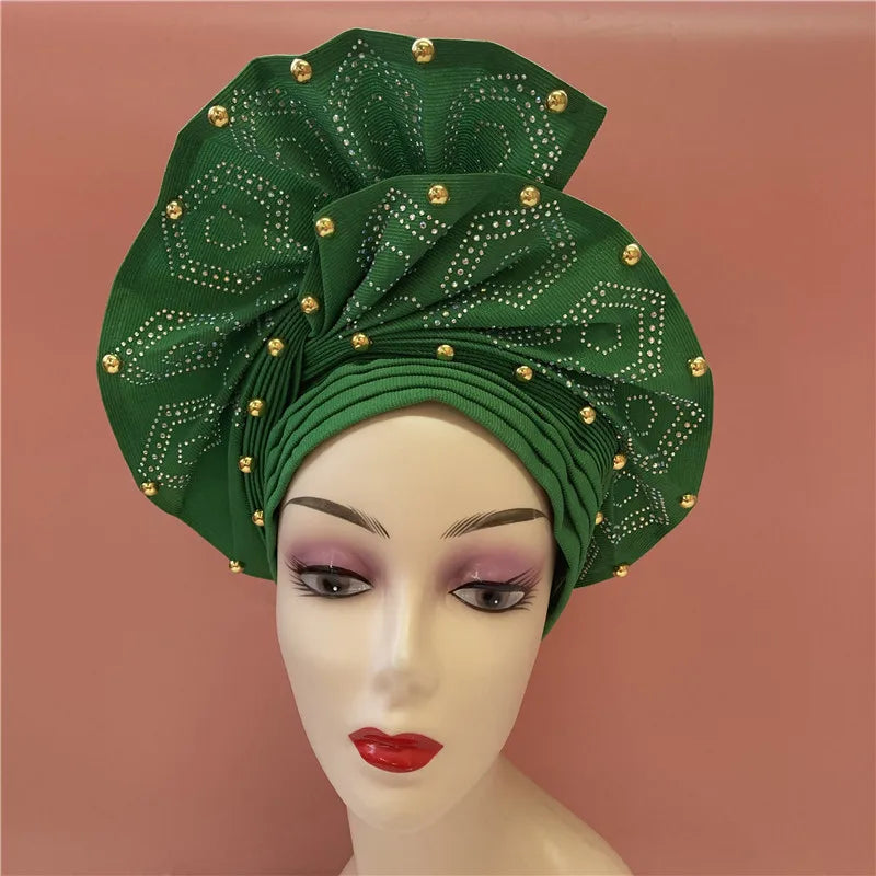 High Quality African Nigeria Gele Elegant Helmet With Stones Headband Turban Head Scarf Head-Hat Auto Gele Brand New Hats 7L5191