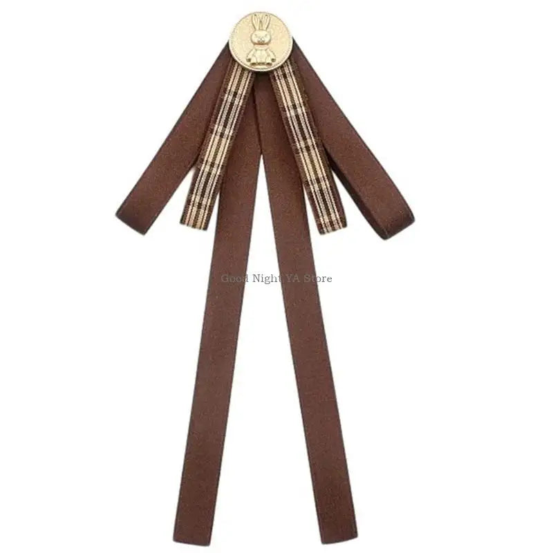 Retro Brown Plaids Bowtie Brooch Pin Uniform Ribbon Bowknot Jabot Collar Necktie