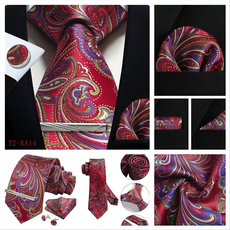 Mens Tie Set Silk Silver Paisley Floral Necktie and Pocket Square Cufflinks Tie Clip Classic Formal Ties for Men Wedding Party