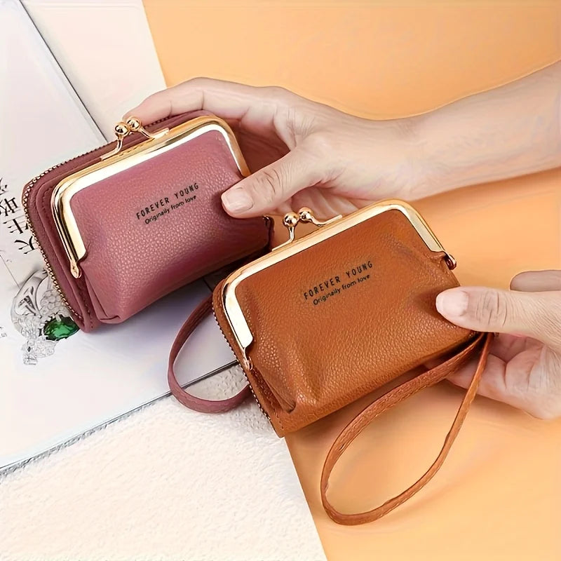 Women'S Elegant Wallet with Wrist Strap & Kiss Button Closure -Golden-Tone Hardware,Zipper Pocket & Card Holder,Wallet for Women