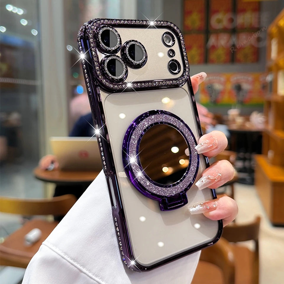 Diamond Mirror Magnetic Case For iPhone 17 Air 16E 16 15 14 Plus 13 11 12 16 Pro Max Magsafe Glitter Transparent Protector Cover