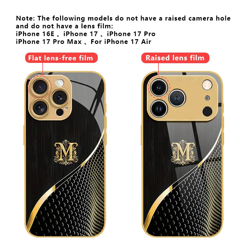 Elegant Gold Initial M Phone Cover fashion phone cases For iphone 17 case Glass Phone Case for iPhone 17、16、15、14、13、pm Pro Plus