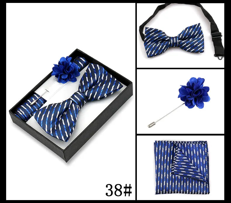 Classic High Quality Bow Tie Set Box Gift For Men Fashion Elegant Bowtie Handchief And Brooch Set Wedding Business Accessories