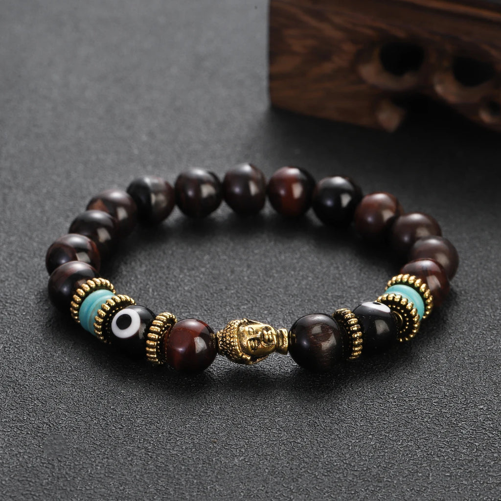 Classic Buddha&Evil Eye Bracelet Women Men 10mm Round Turquoises Blue Stone Bangles Handmade Elastic Yoga Bracelet