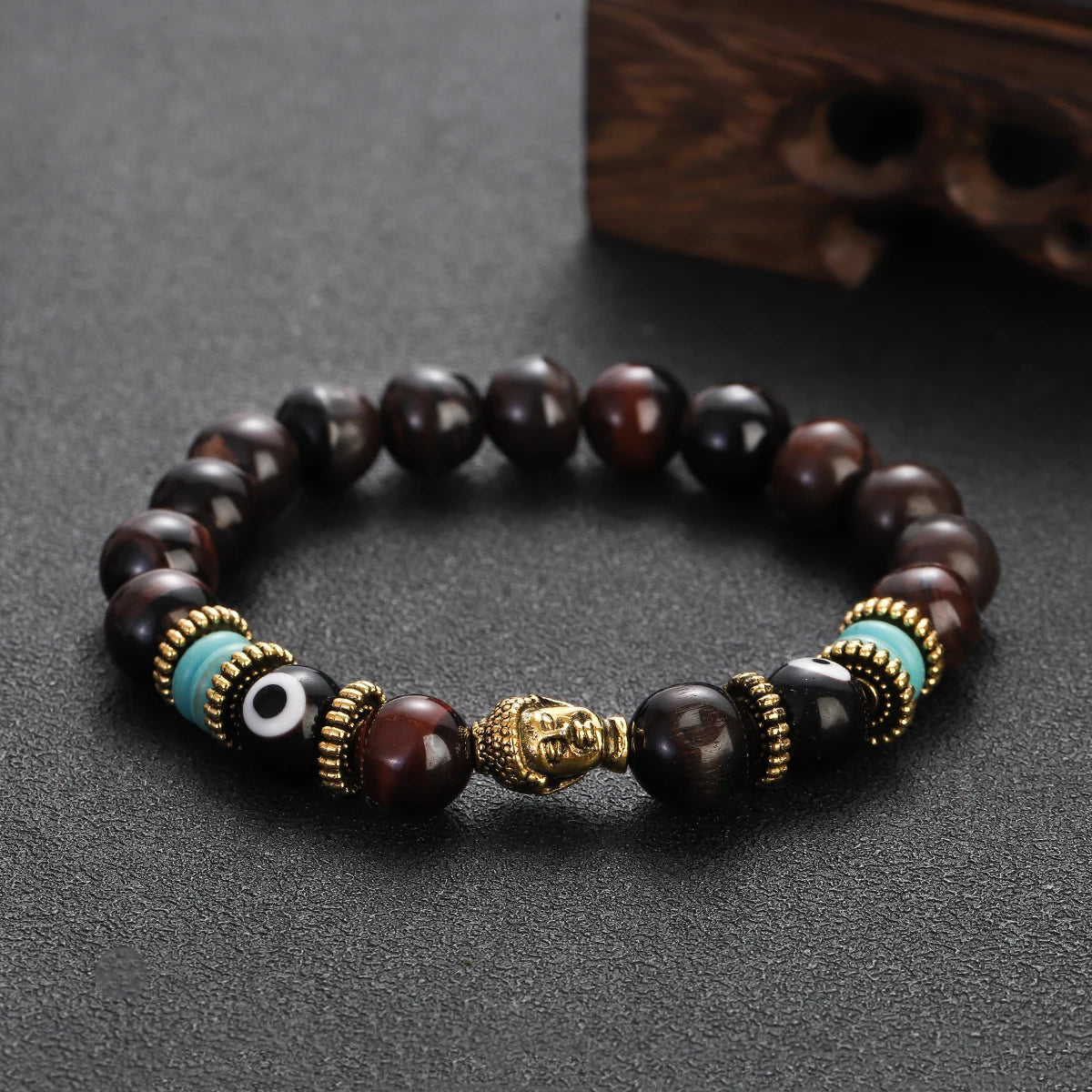 Classic Buddha&Evil Eye Bracelet Women Men 10mm Round Turquoises Blue Stone Bangles Handmade Elastic Yoga Bracelet