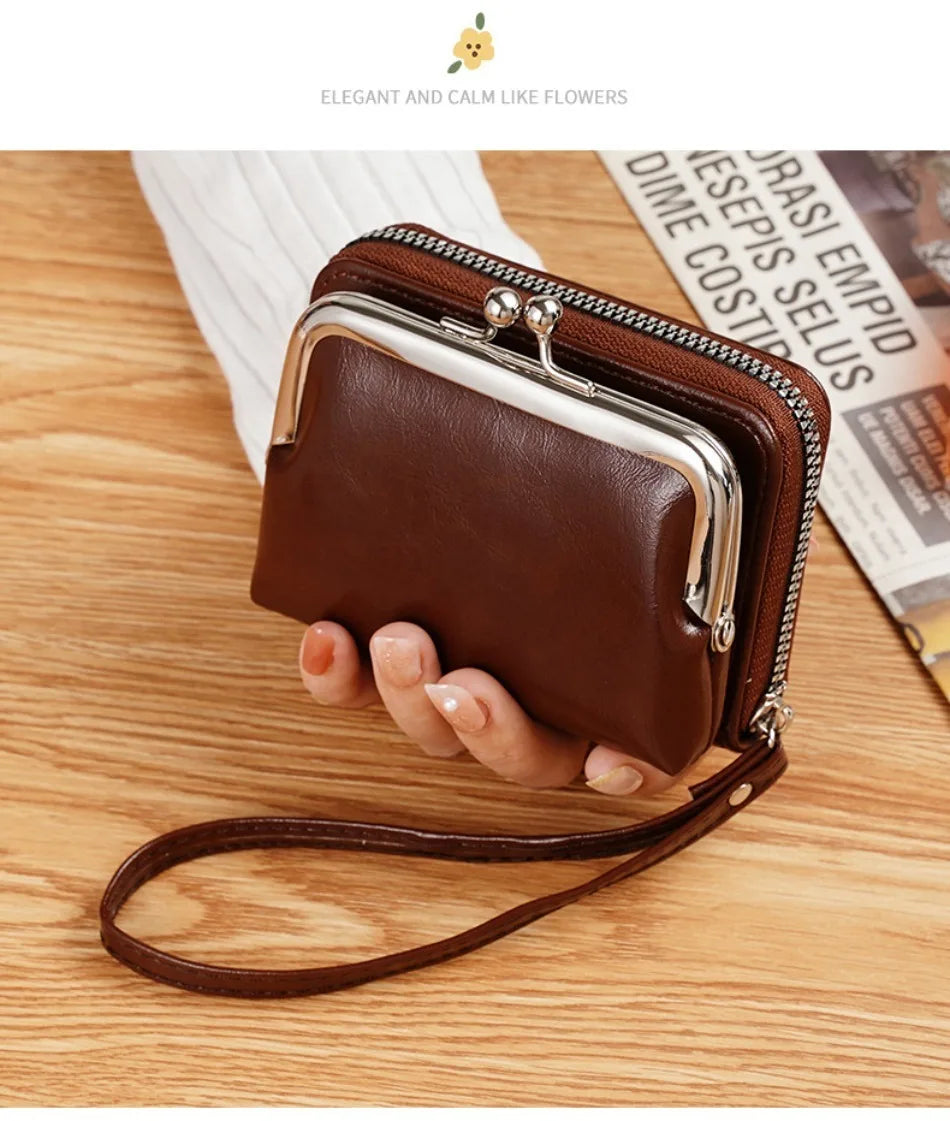 Women's Wallet Fashionableand Minimalist Wrist Strap Short Zero Wallet RetroVersatile LargeCapacity Multi Card Pocket Money Clip