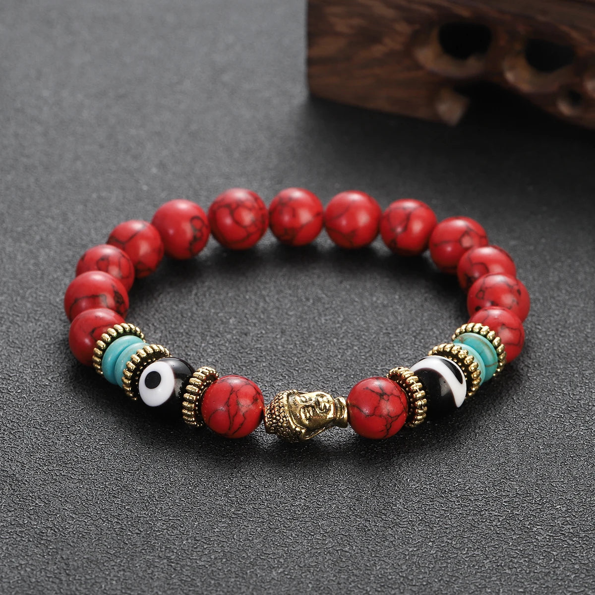 Classic Buddha&Evil Eye Bracelet Women Men 10mm Round Turquoises Blue Stone Bangles Handmade Elastic Yoga Bracelet