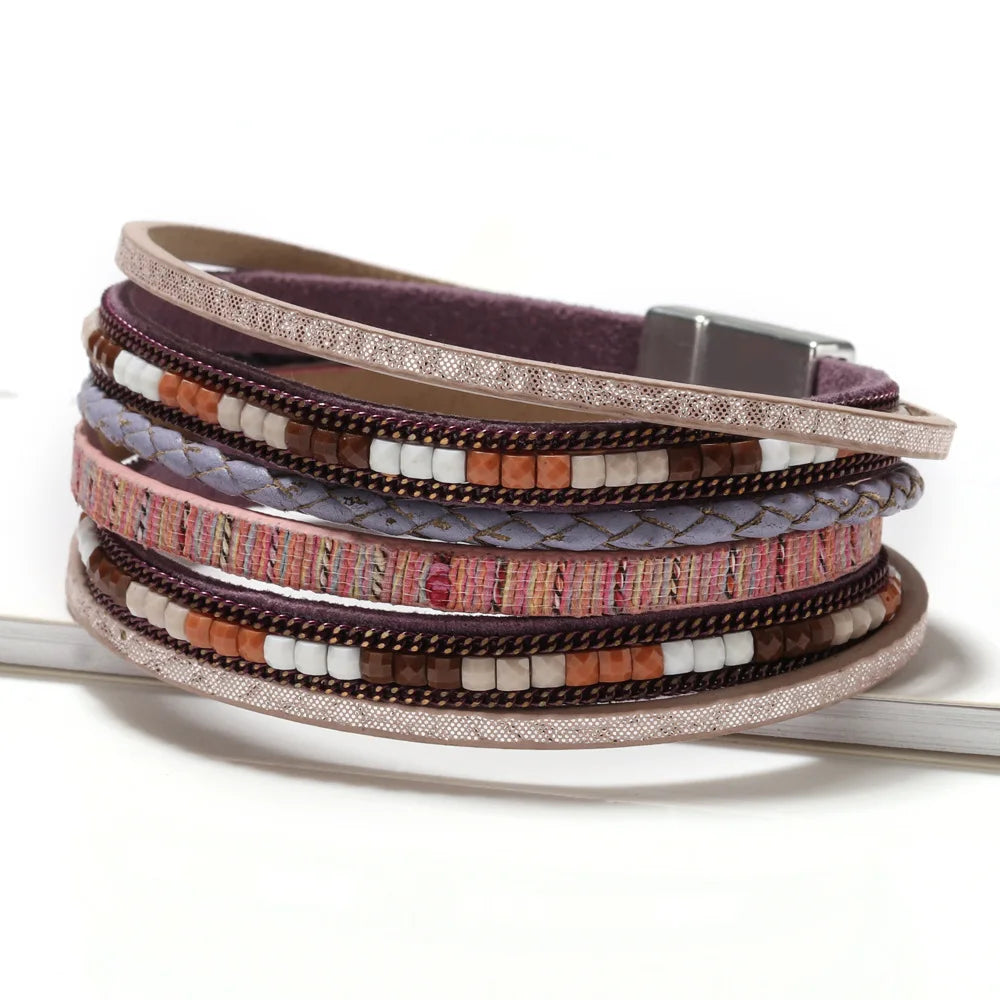 Bohemian Bracelet Hand-Woven Leather Bracelet Alloy Magnetic Clasp for Women Fashion Bracelet Women's Aesthetic Jewelry