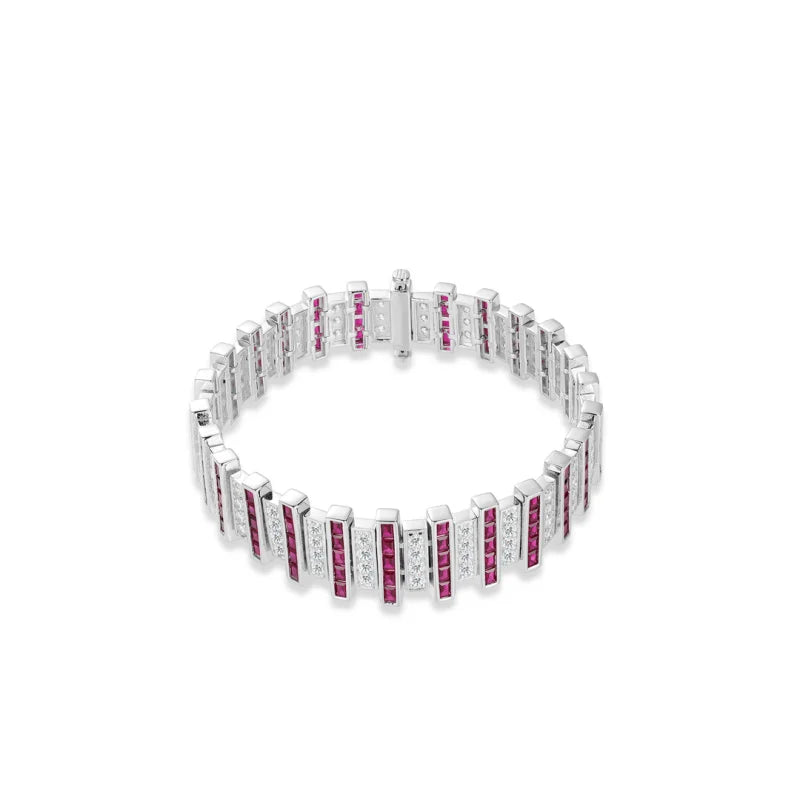 Bellux 925 Silver Synthetic Zirconia Bracelet Red And White Square Diamonds Fully Bejeweled  Jewelry Accessory