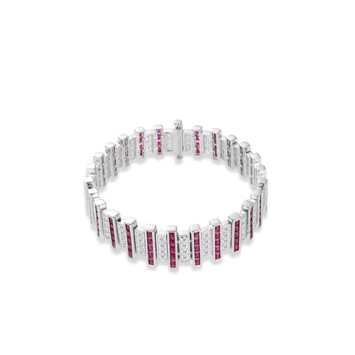 Bellux 925 Silver Synthetic Zirconia Bracelet Red And White Square Diamonds Fully Bejeweled  Jewelry Accessory