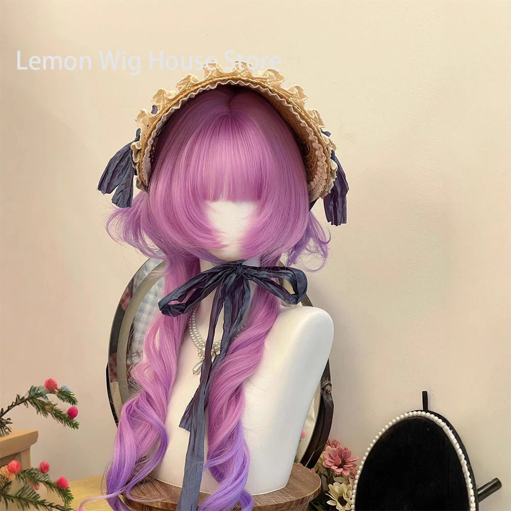 Double Ponytail Long Curly Hair Wig with Bangs Synthetic Hair Cute Lolita Wigs for Women Daily Party Cosplay Wig Heat Resistant