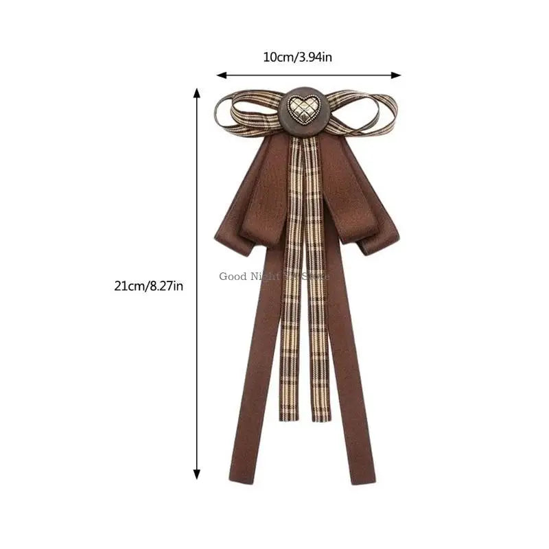 Retro Brown Plaids Bowtie Brooch Pin Uniform Ribbon Bowknot Jabot Collar Necktie