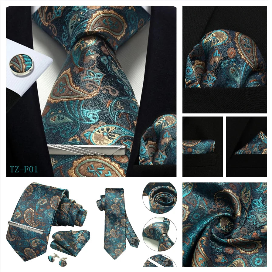 Mens Tie Set Silk Silver Paisley Floral Necktie and Pocket Square Cufflinks Tie Clip Classic Formal Ties for Men Wedding Party