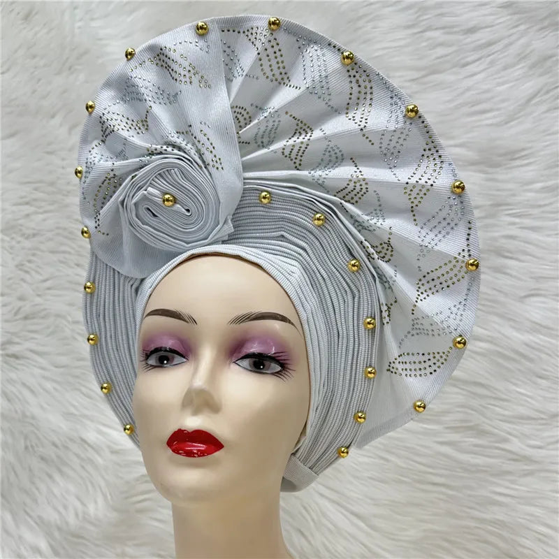 High Quality African Nigeria Gele Elegant Helmet With Stones Headband Turban Head Scarf Head-Hat Auto Gele Brand New Hats 7L1181