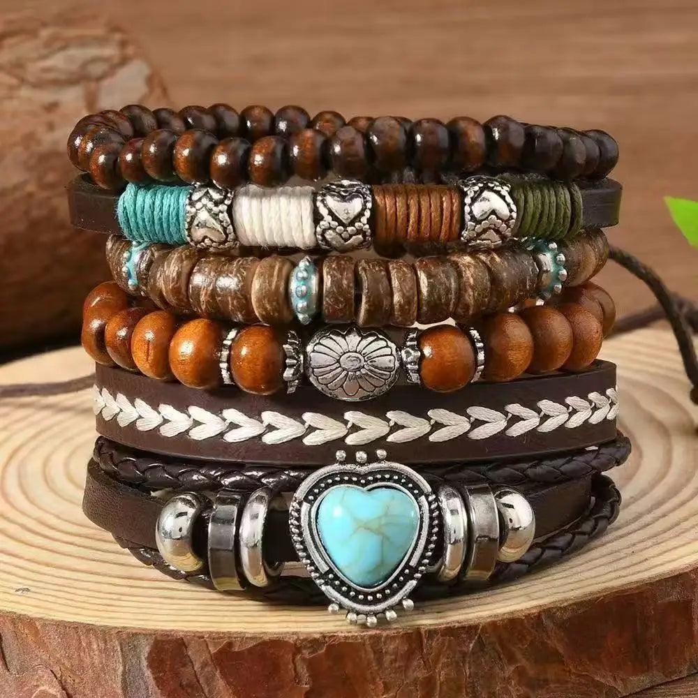 Vintage Feather Casual 6 Pc/set Tree Handmade Men Bracelets Male Women Leather Bracelets Men Bangle Wholesale Jewelry Gift