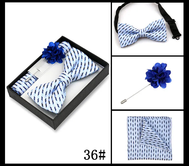 Classic High Quality Bow Tie Set Box Gift For Men Fashion Elegant Bowtie Handchief And Brooch Set Wedding Business Accessories