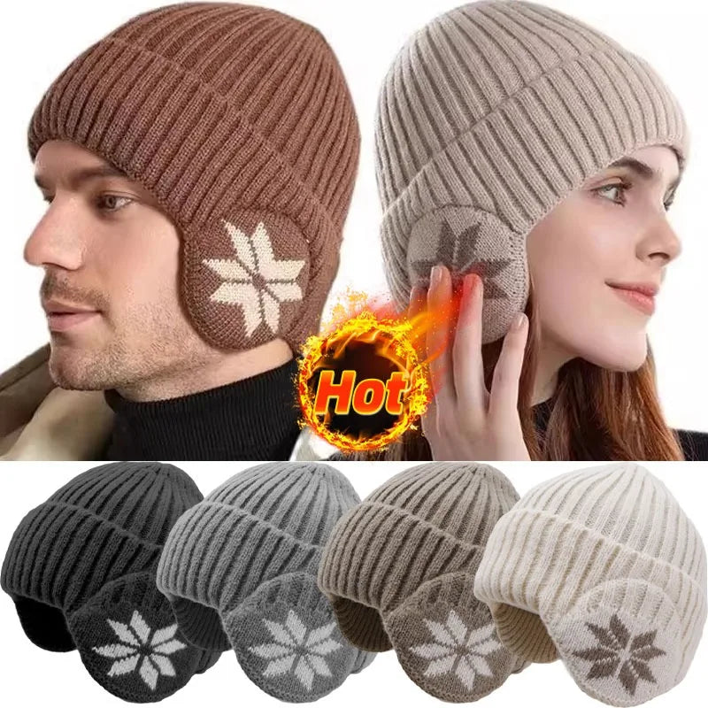 New Outdoor Women Men Winter Knitted Hat Plush Warm Peaked Cap Earmuff Fashion Faux Fur Lined Bomber Hats Cycling Ear Protection