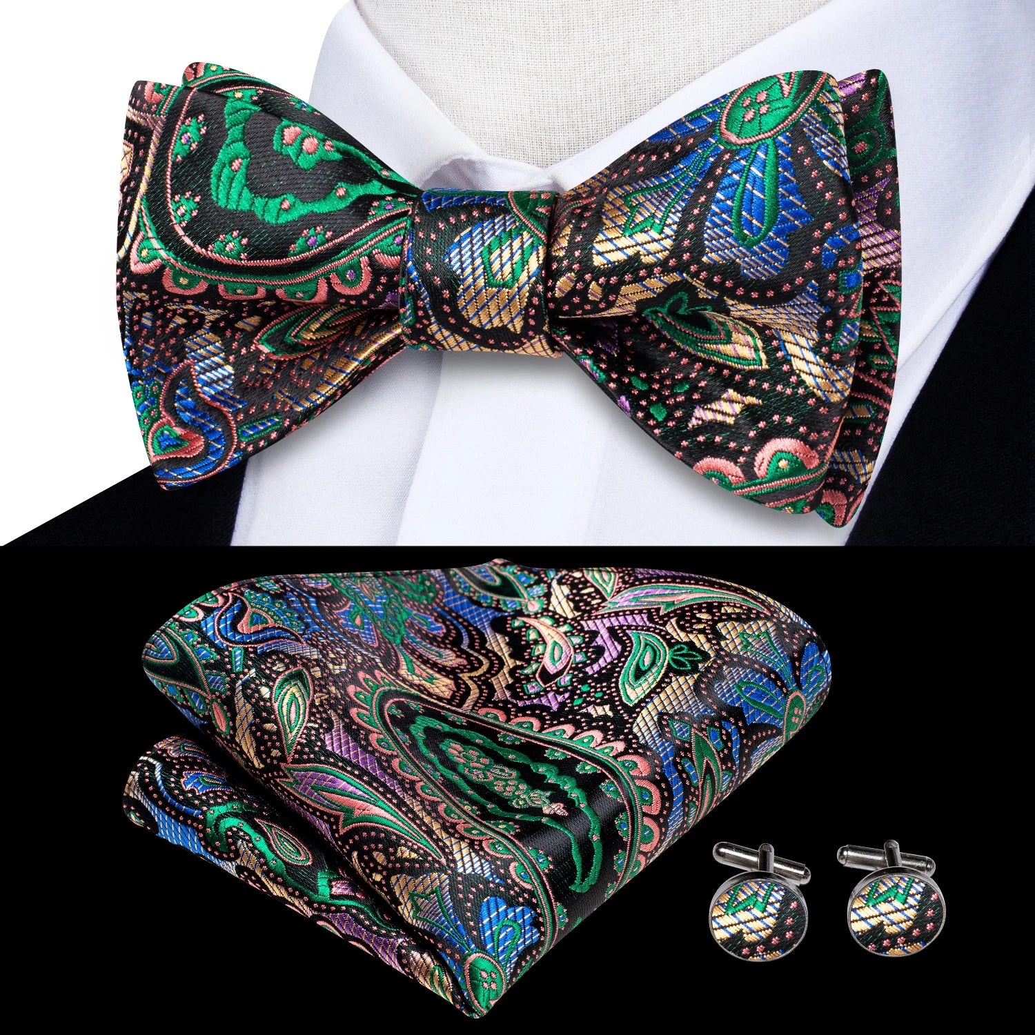 Hi-Tie Adjustable Butterfly Self Bow Tie for mens 100% Silk Floral Paisley Male Classic Wedding Party Golden Red Bow Tie Set