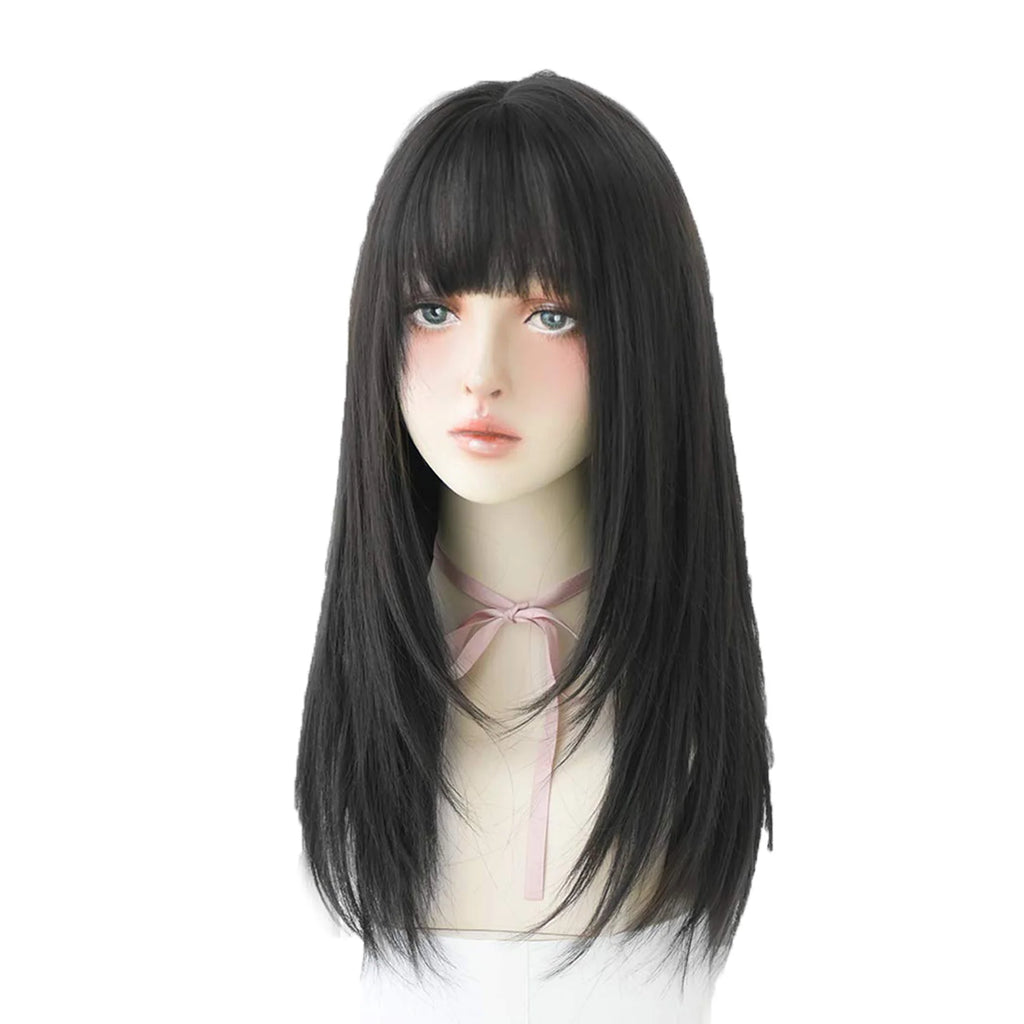 Long Black Straight Hair Wig with Bangs Synthetic High Density Long Hair Wig for Women