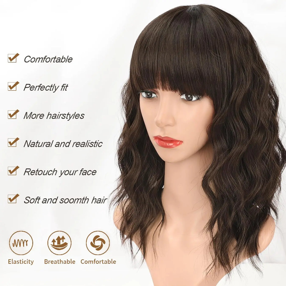 HAIR Natural Brown Synthetic Curly Wavy Bob Wig with Bangs for Women