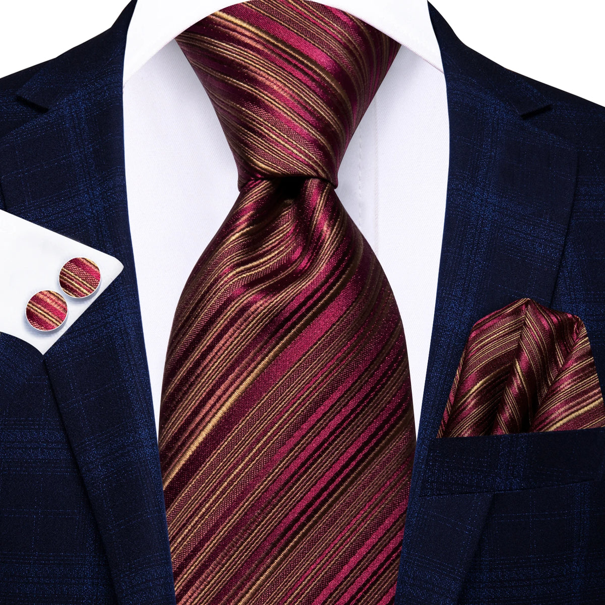 Hi-Tie Burgundy Blue Striped Men Elegant Necktie Handkerchief Cufflinks for Tuxedo Fashion Classic Silk Luxury Tie for Man