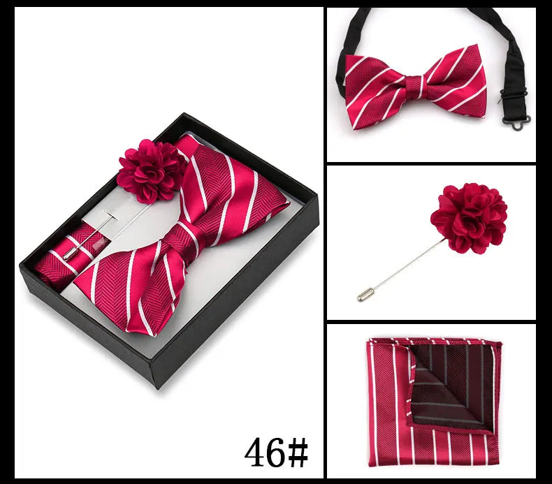Classic High Quality Bow Tie Set Box Gift For Men Fashion Elegant Bowtie Handchief And Brooch Set Wedding Business Accessories