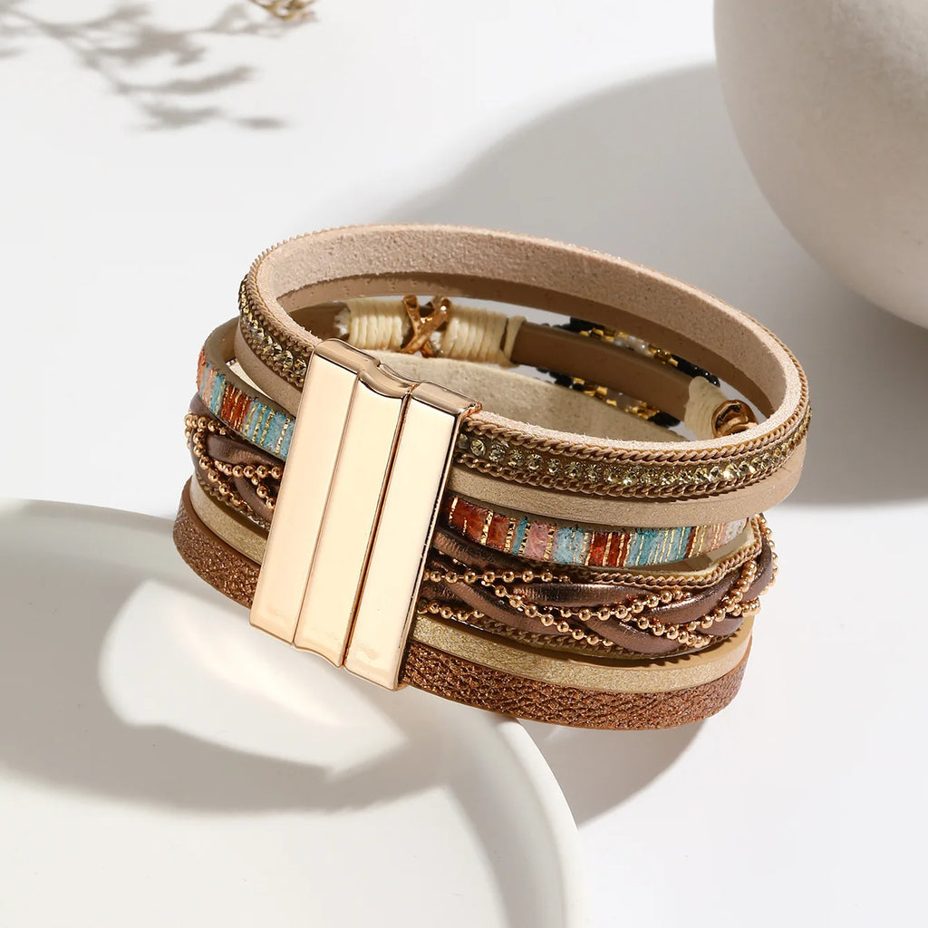 Multilayer Handwoven Leather Bracelet for Women Magnet Buckle Wide Bracelet Rice Bead Woven Devil's Eye Leather Bracelet Bangle
