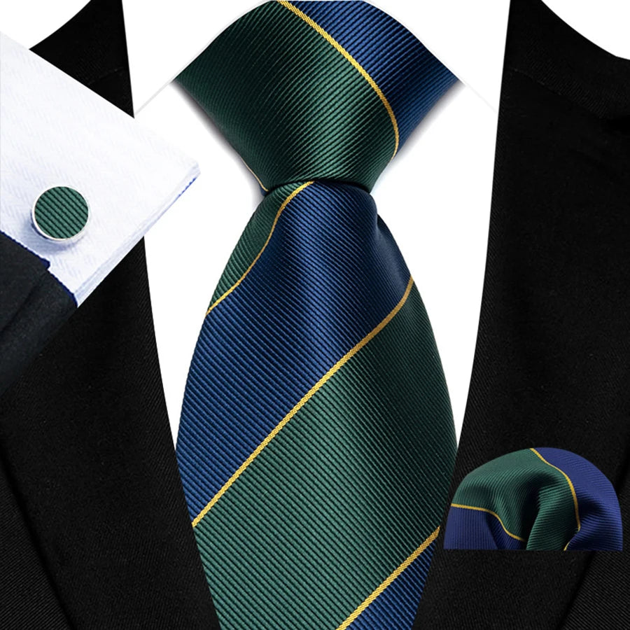 Mens Tie Set Stripes Necktie and Pocket Square Cufflinks Tie Clip Classic Formal Neck Ties for Men Wedding Business Party