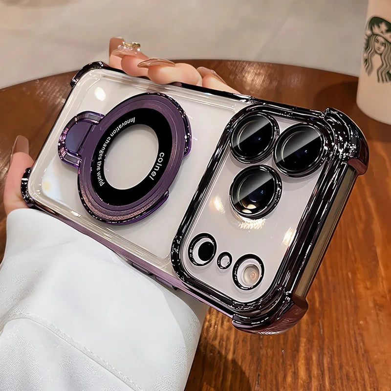 For Magsafe Bracket Clear Plating Phone Cases For iPhone 17 16 15 14 13 12 Pro Max Plus Air Magnetic Ring Stand Holder Cover