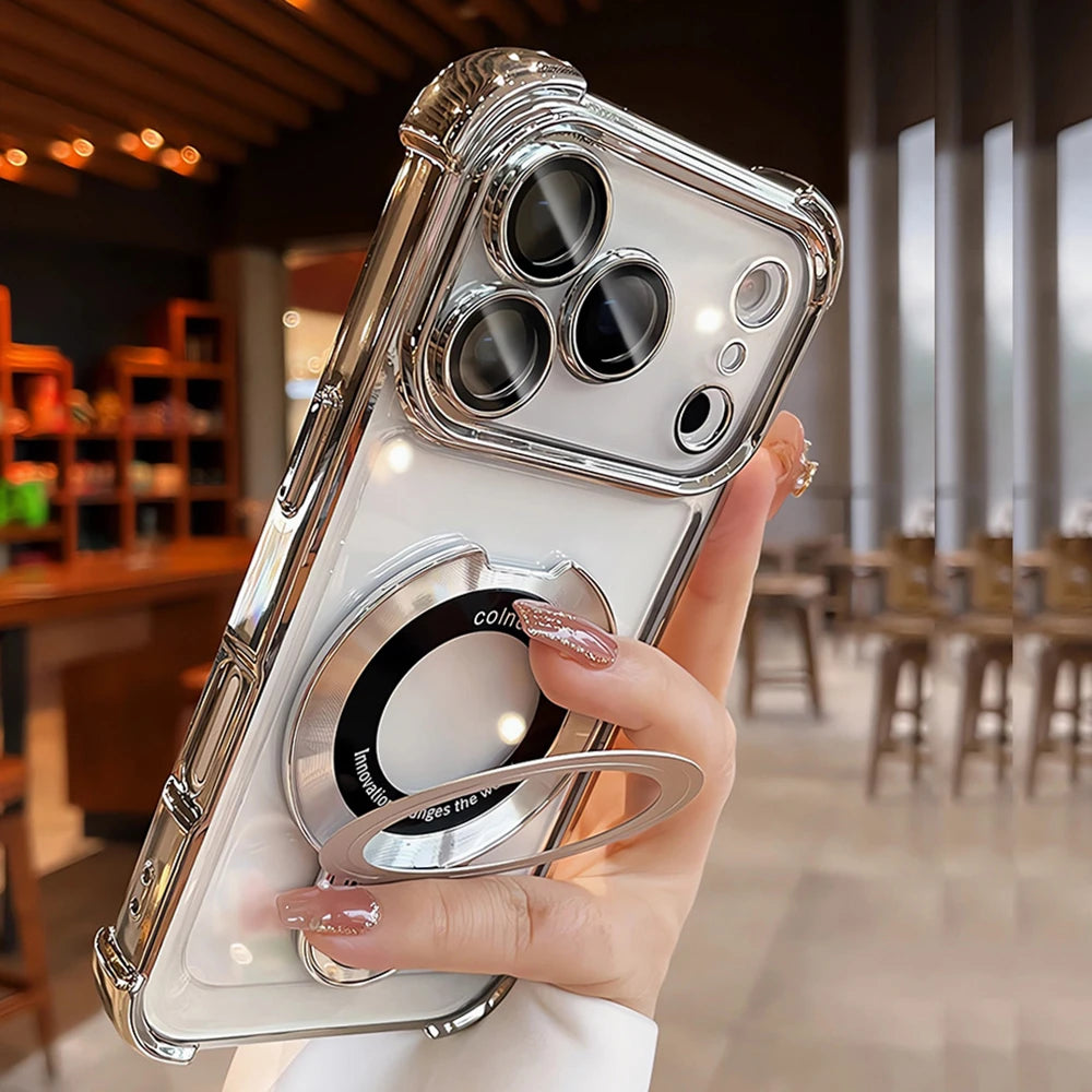 For Magsafe Bracket Clear Plating Phone Cases For iPhone 17 16 15 14 13 12 Pro Max Plus Air Magnetic Ring Stand Holder Cover