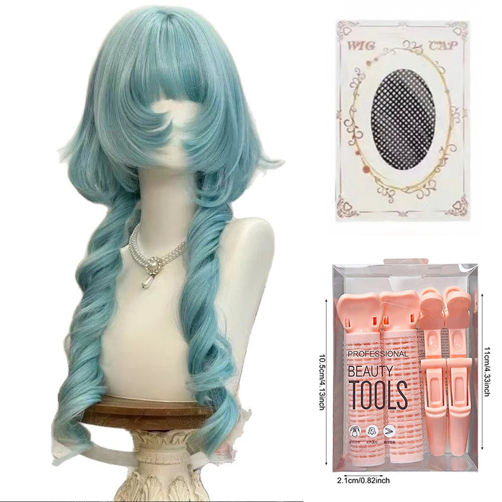 Double Ponytail Long Curly Hair Wig with Bangs Synthetic Hair Cute Lolita Wigs for Women Daily Party Cosplay Wig Heat Resistant