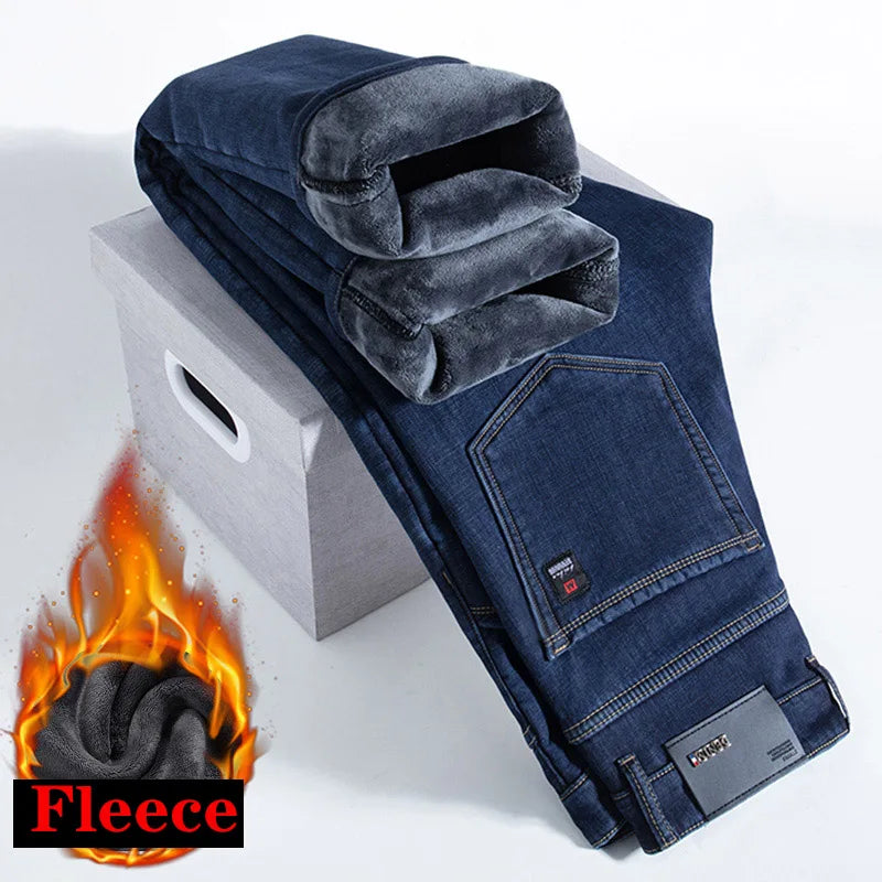 High Quality Men Fleece Jeans Business Casual Slim Straight Denim Trousers Autumn Winter New Plus Size Thickened Warm Men Pants
