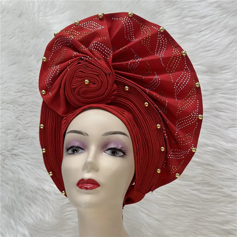 High Quality African Nigeria Gele Elegant Helmet With Stones Headband Turban Head Scarf Head-Hat Auto Gele Brand New Hats 7L1181