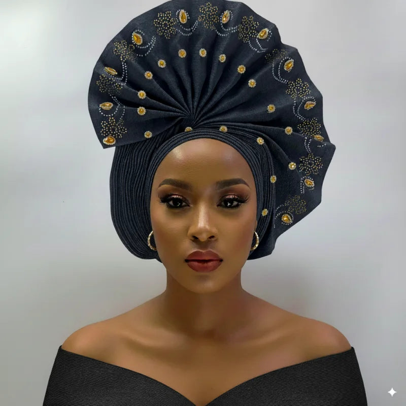 High Quality African Nigeria Gele Elegant Helmet With Stones Headband Turban Head Scarf Head-Hat Auto Gele Brand New Hats 7L1181