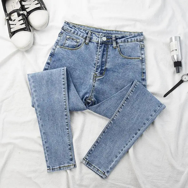 High Waist Slim Fit Jeans Women's Elastic Stretchy Nine Points Pants Spring Autumn Fashionable Casual Straight Leg Trousers