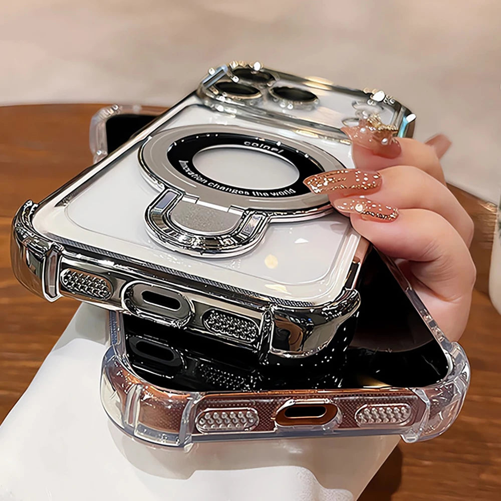 For Magsafe Bracket Clear Plating Phone Cases For iPhone 17 16 15 14 13 12 Pro Max Plus Air Magnetic Ring Stand Holder Cover