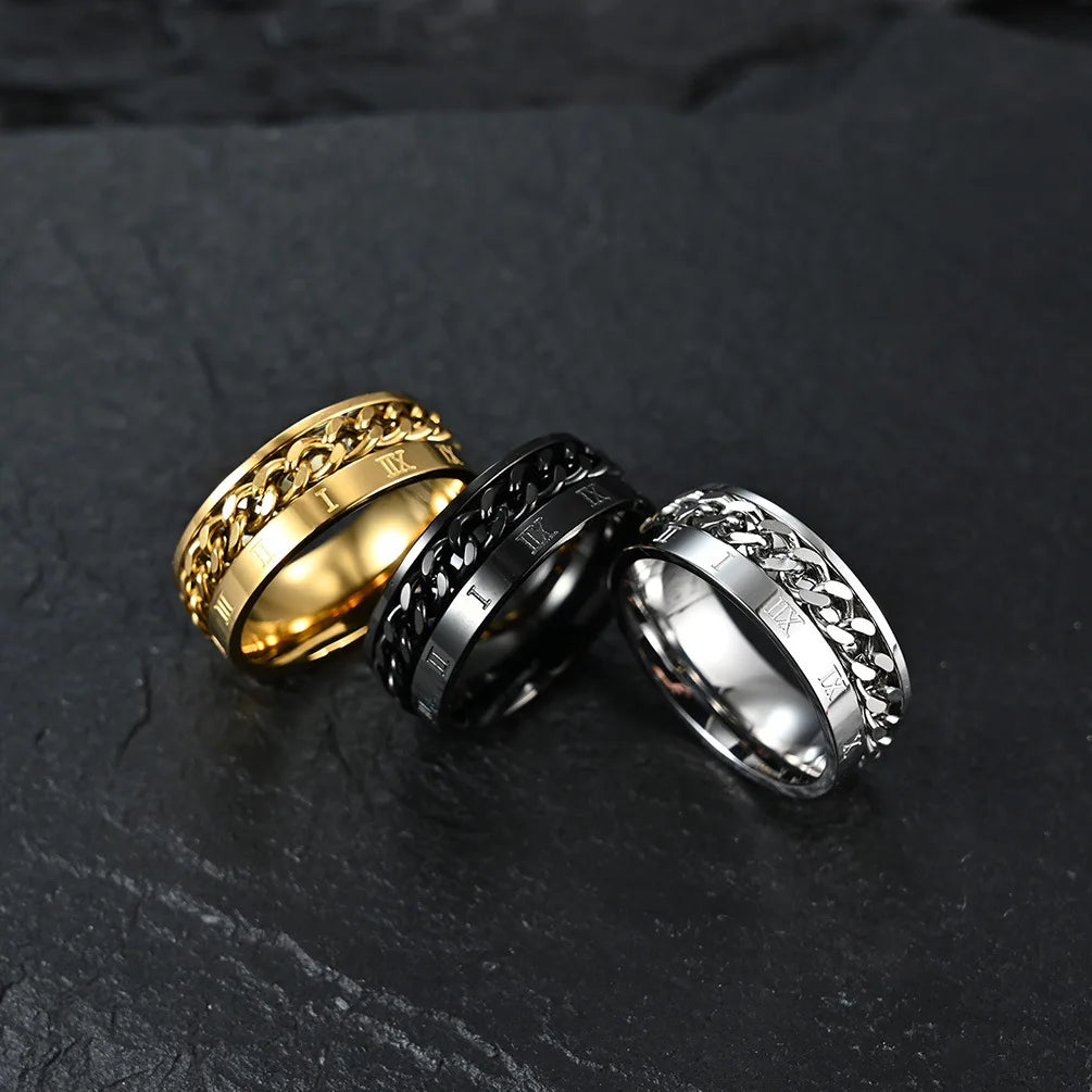 Roman Numerals Stainless Steel Chain Rotating Anxiety Black Rings For Men Fidget Metal Spinner Knuckle Ring Anillos De Hombre