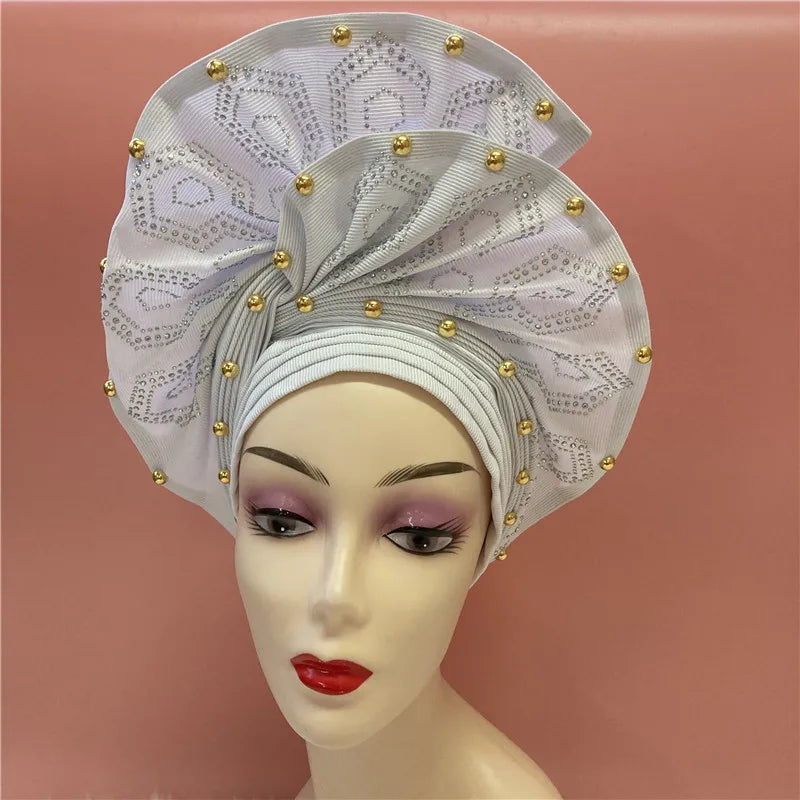 High Quality African Nigeria Gele Elegant Helmet With Stones Headband Turban Head Scarf Head-Hat Auto Gele Brand New Hats 7L5191