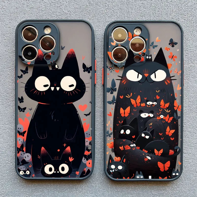 Cute Cartoon Cat Phone Case For iPhone 13 Cases 17 16 14 15 11 12 13 Pro Max Mini XS X XR 15 Plus Black Color Shockproof Covers