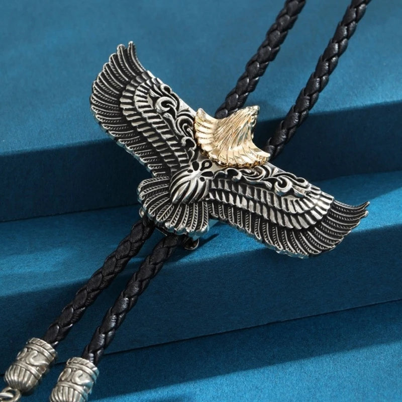 Mens Women Bolo Tie Cowboy Necktie Leather Rope Necklace with Metal Flying Feathered Pendant Jewelry Shirt Chain