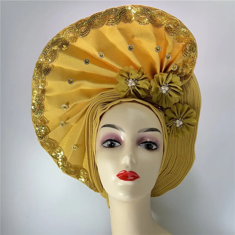 High Quality African Nigeria Gele Elegant Helmet With Stones Headband Turban Head Scarf Head-Hat Auto Gele Brand New Hats 7L5191
