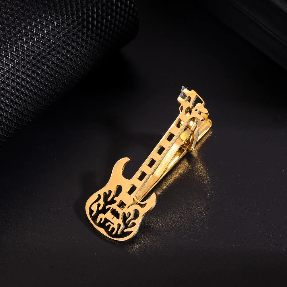 Treble Clef Guitar Tie Clip Titanium Steel Instrument Music Note Tie Pin Hip Hop Punk Piano Necktie Buckle Concert Accessories