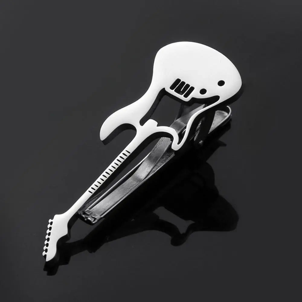 Treble Clef Guitar Tie Clip Titanium Steel Instrument Music Note Tie Pin Hip Hop Punk Piano Necktie Buckle Concert Accessories