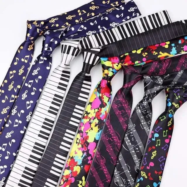 Classic Musical Notes Tie Neck Mens Skinny 5cm Zipper Neckties Red Black Blue White Color Slim Narrow Entertainment Party