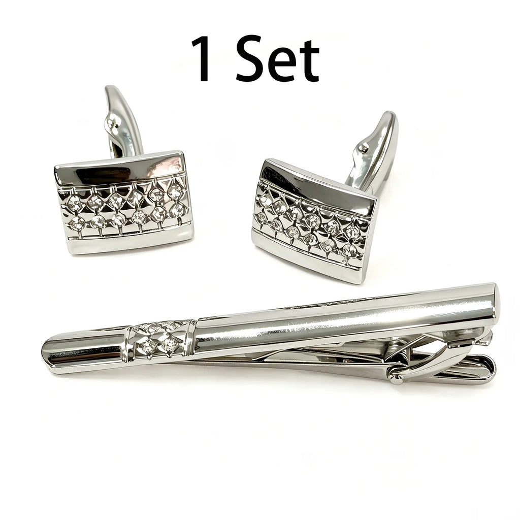 Cufflinks and Tie Clip Set for Men – Gold/Silver Rectangular Cuff Links with 2.36" Tie Bar, Ideal for Wedding, Father's Day