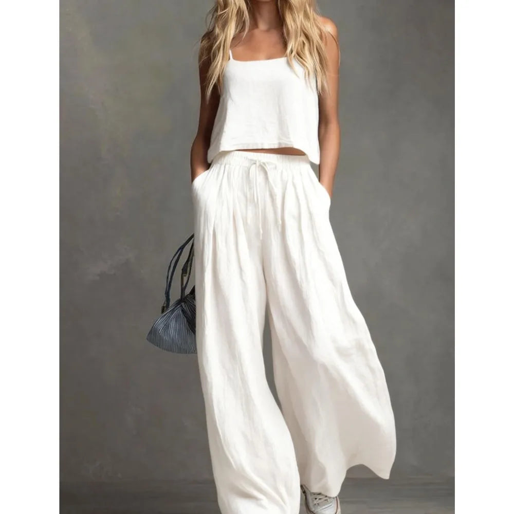 Suspender Top Women + Wide-leg Trousers Women 2piece Set Summer Fashion Elastic Waist Lace-up Pocket Trousers Casual Suit Female