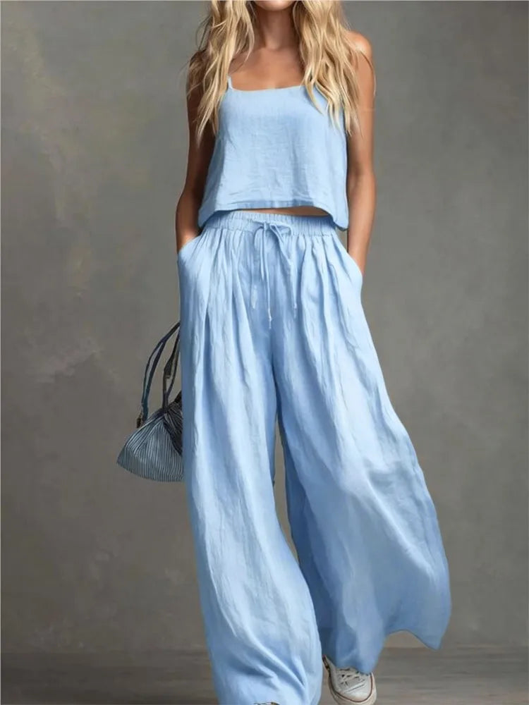 Suspender Top Women + Wide-leg Trousers Women 2piece Set Summer Fashion Elastic Waist Lace-up Pocket Trousers Casual Suit Female