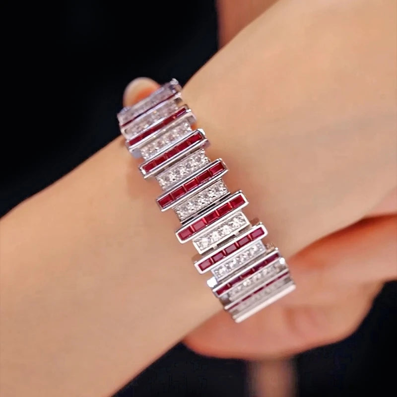 Bellux 925 Silver Synthetic Zirconia Bracelet Red And White Square Diamonds Fully Bejeweled  Jewelry Accessory