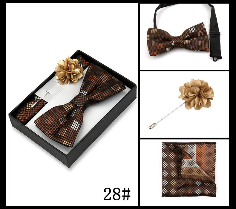 Classic High Quality Bow Tie Set Box Gift For Men Fashion Elegant Bowtie Handchief And Brooch Set Wedding Business Accessories